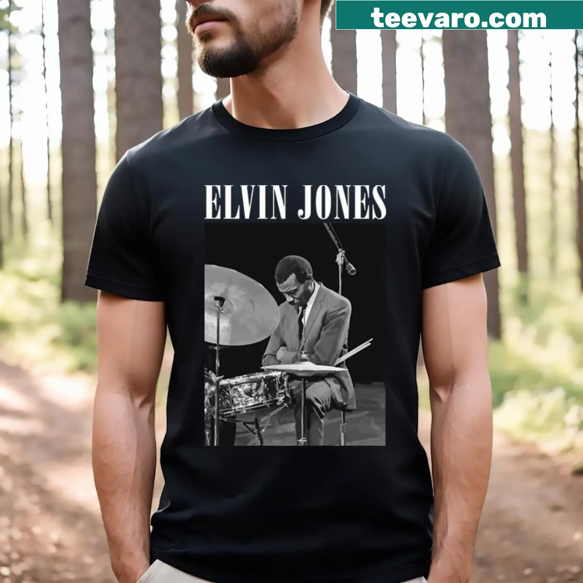 Illustrated tribute t-shirt celebrating drummer Elvin Jones — on a men's t-shirt