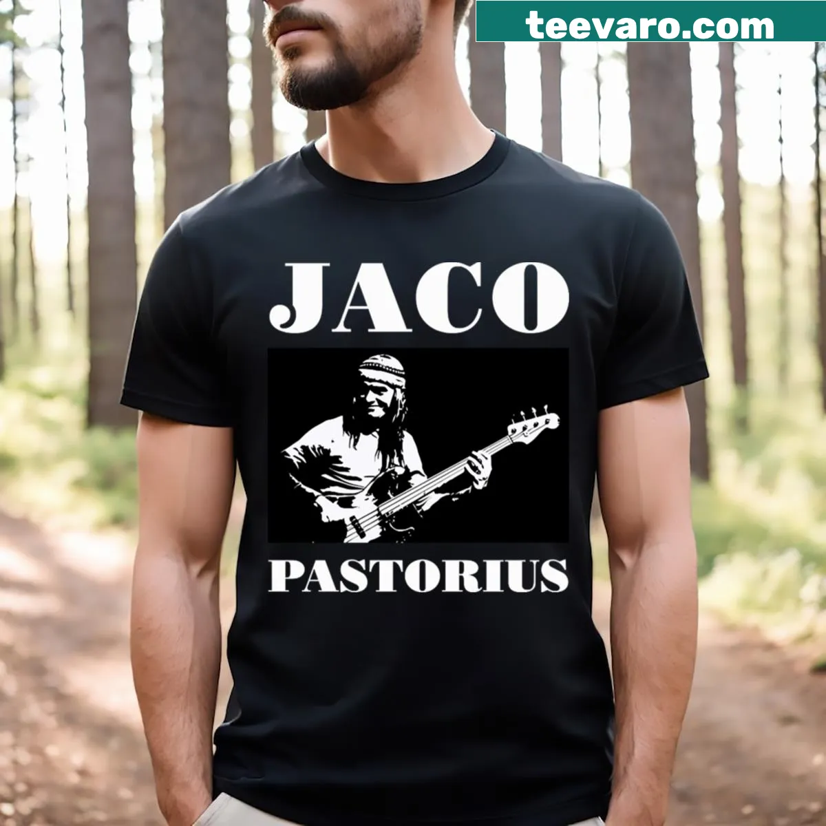 Tribute t-shirt featuring an artistic representation of Jaco Pastorius — on a men's t-shirt