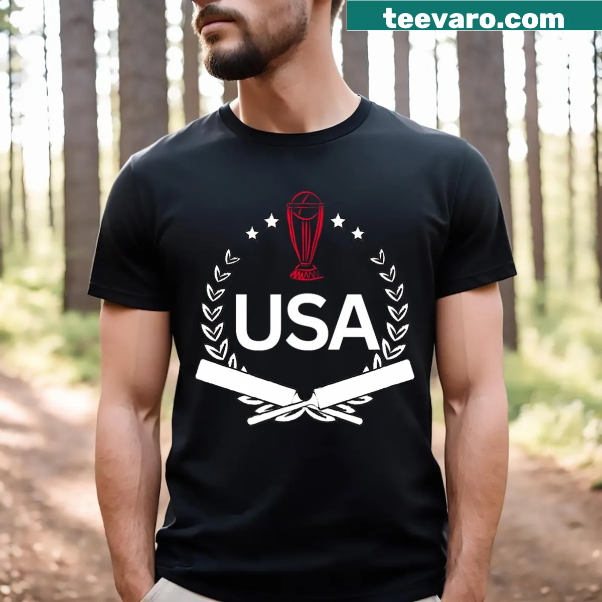 Illustrated USA Cricket Jersey T-shirt for 2024 with cricket graphics — on a men's t-shirt