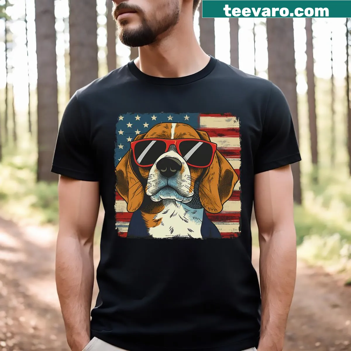 Cute Beagle dog T-shirt with USA flag design for 4th of July — on a men's t-shirt