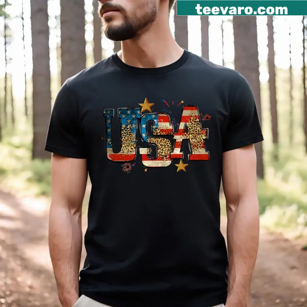 Illustrated USA flag T-shirt for kids featuring a friendly design