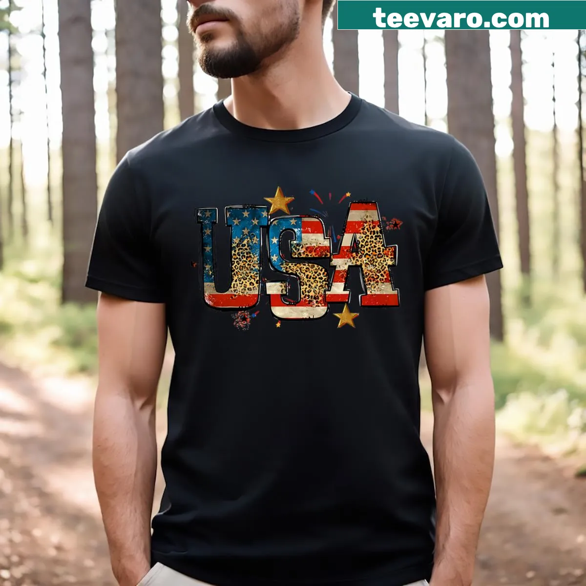 Illustrated USA flag T-shirt for kids featuring a friendly design — on a men's t-shirt