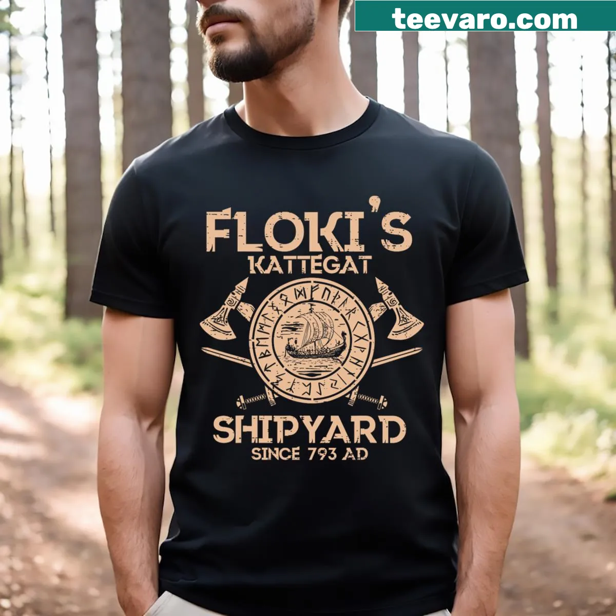 Norse mythology t-shirt featuring Viking shipyard design — on a men's t-shirt