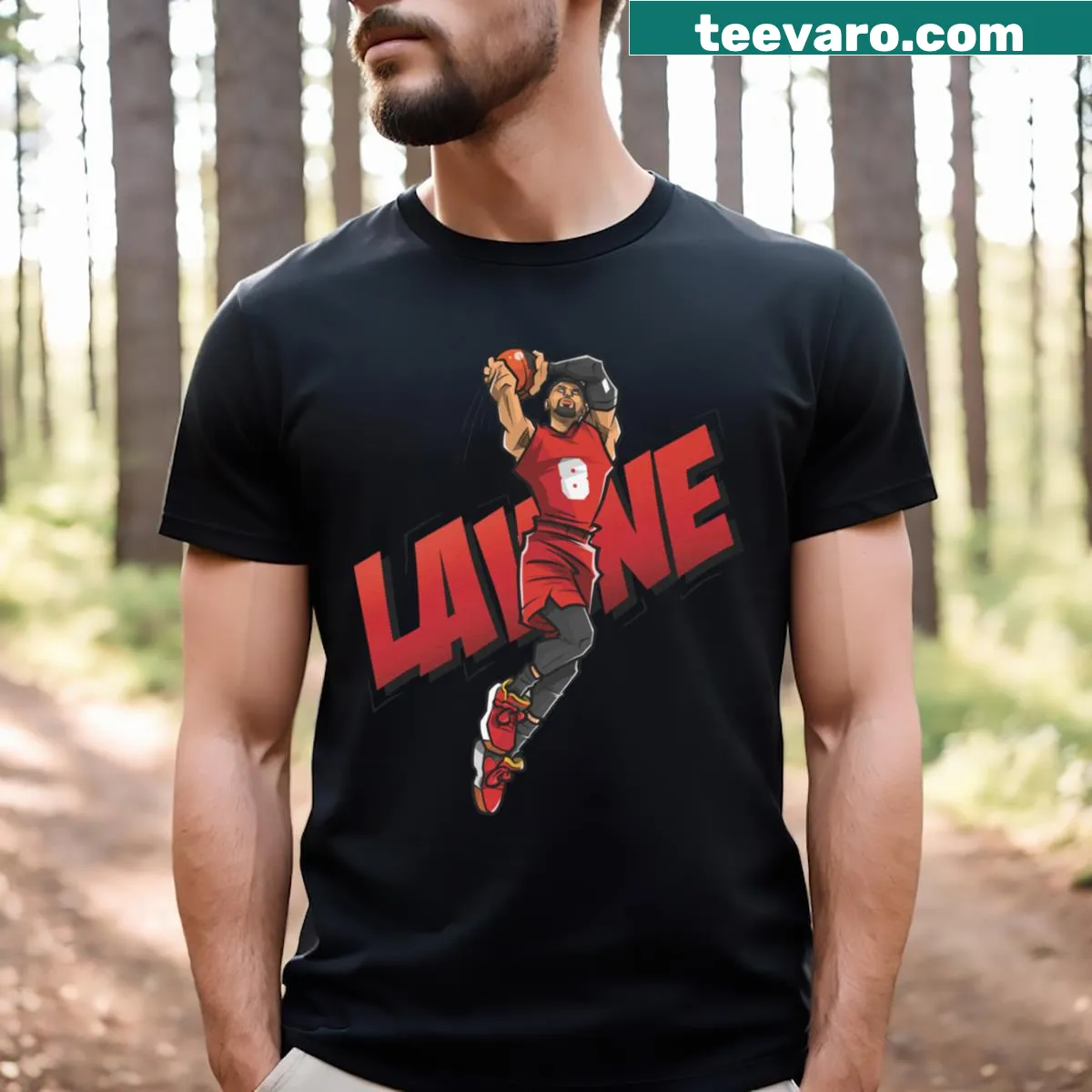 Caricature t-shirt of Zach Lavine showcasing his basketball style — on a men's t-shirt