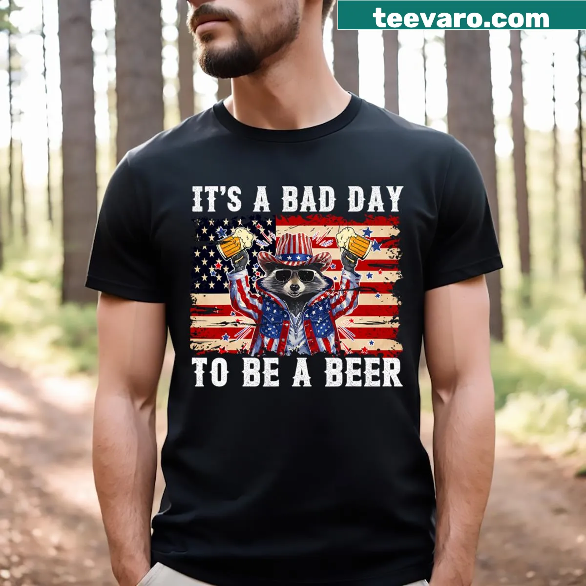 Funny raccoon graphic t-shirt for Independence Day — on a men's t-shirt