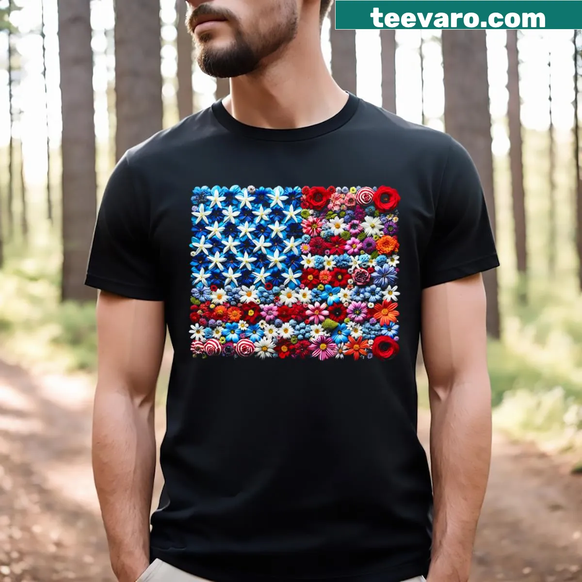 Floral design intertwined with American flag for 4th of July — on a men's t-shirt