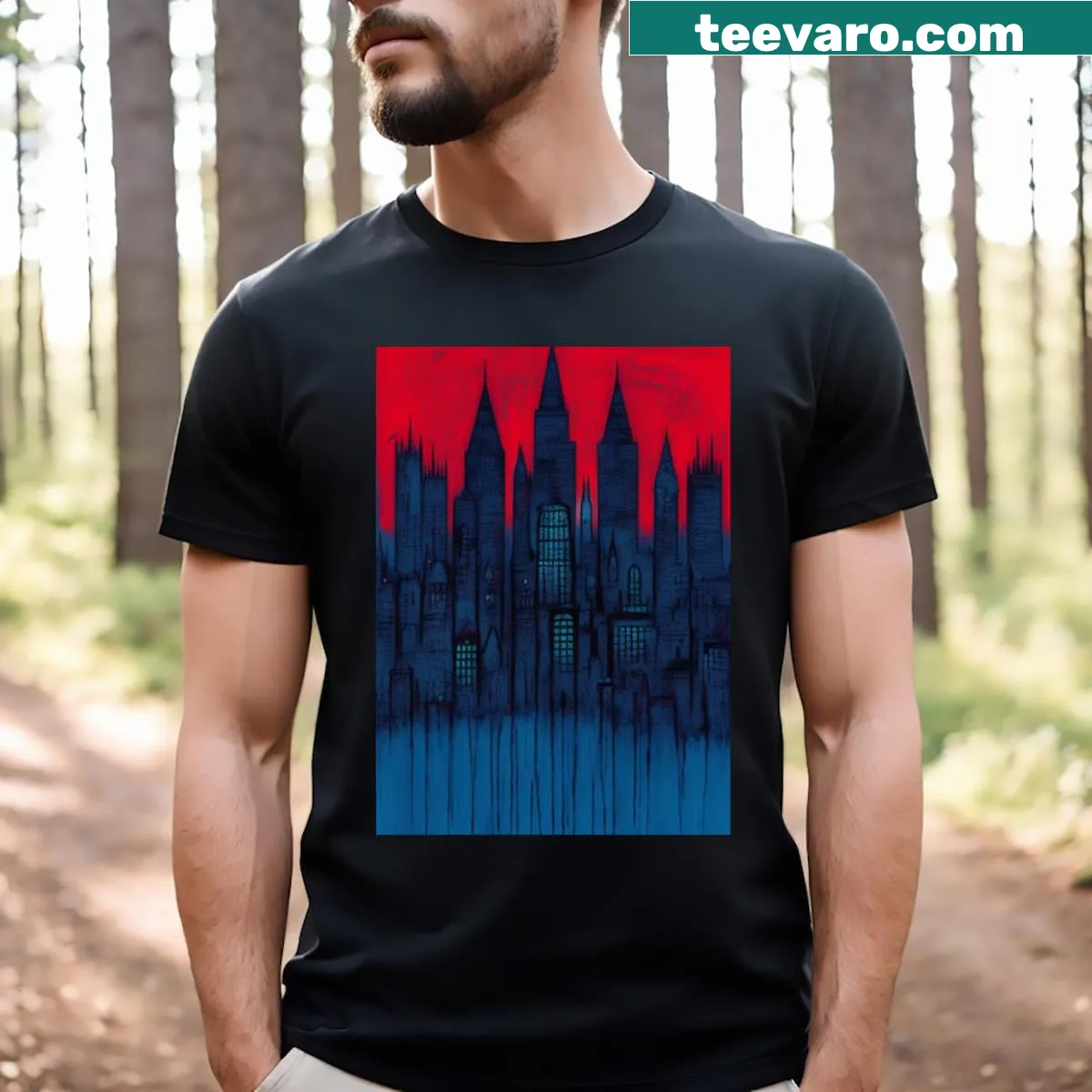 T-shirt with an abstract representation of city life in artistic design — on a men's t-shirt