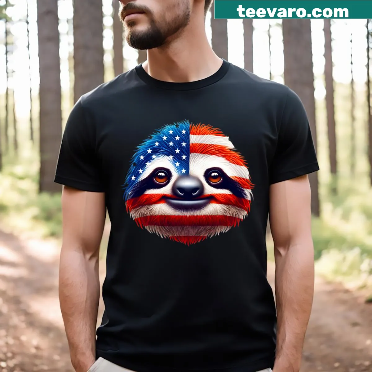 Cartoon sloth wrapped in the American flag on a T-shirt — on a men's t-shirt