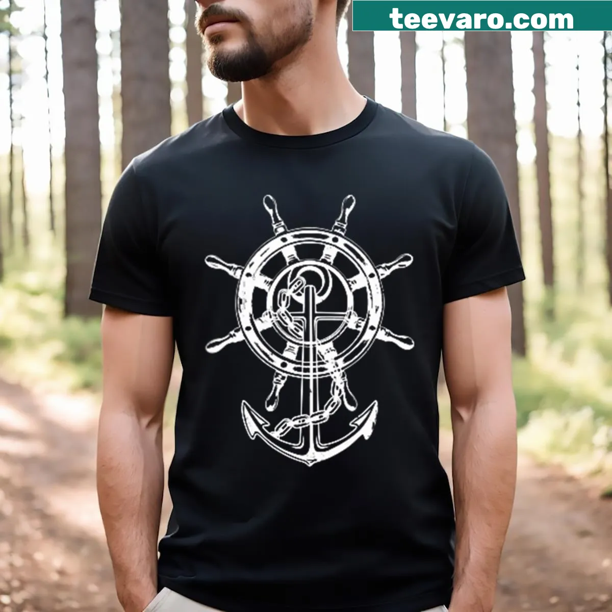 Badge-emblem design of an anchor and rudder on a T-shirt — on a men's t-shirt