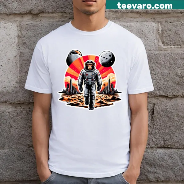 Humorous t-shirt featuring apes in space for sci-fi enthusiasts.