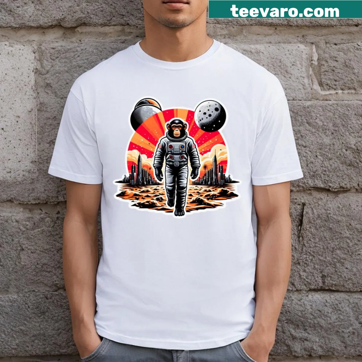 Humorous t-shirt featuring apes in space for sci-fi enthusiasts. — on a men's t-shirt