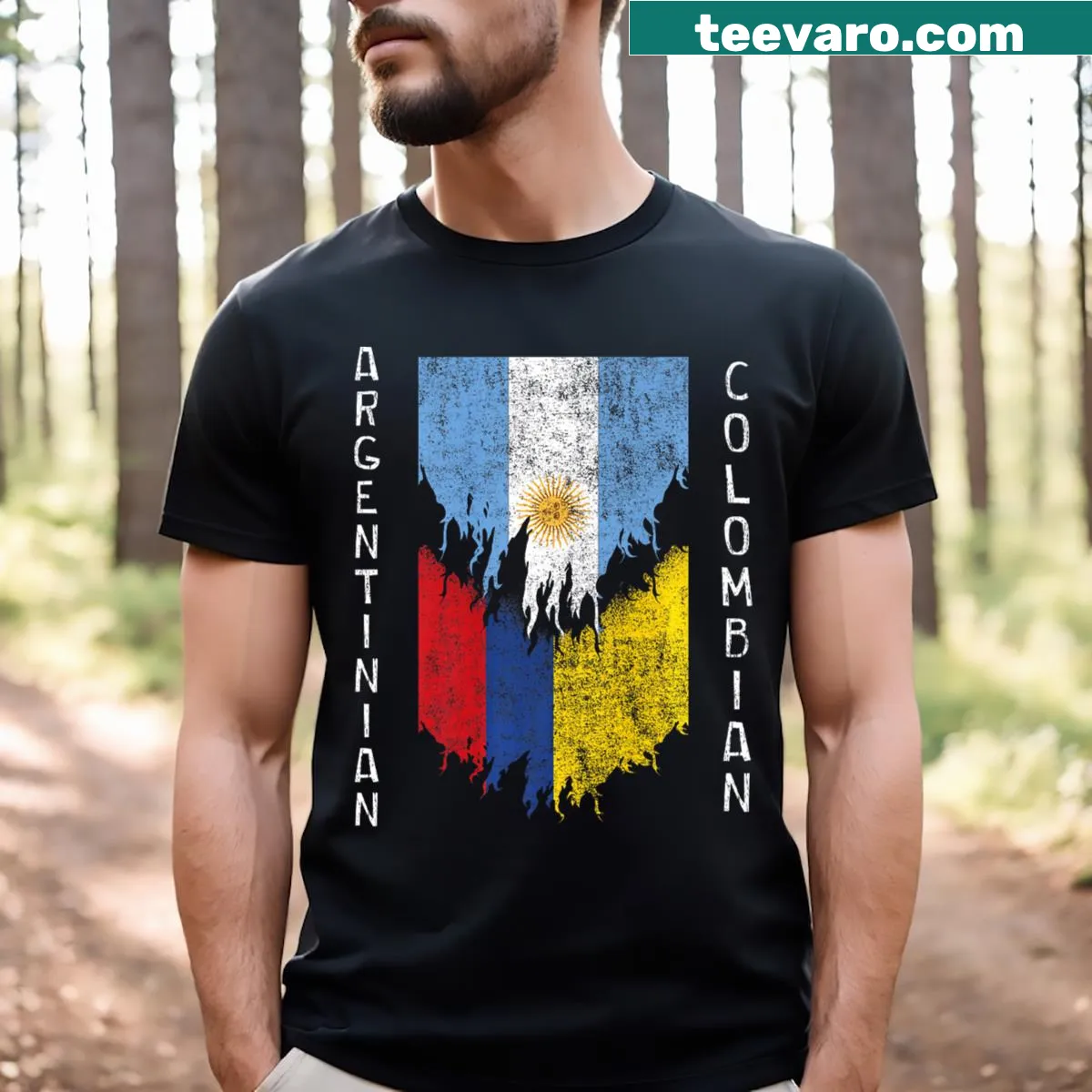 Ripped design combining Argentinian and Colombian flags on a t-shirt — on a men's t-shirt