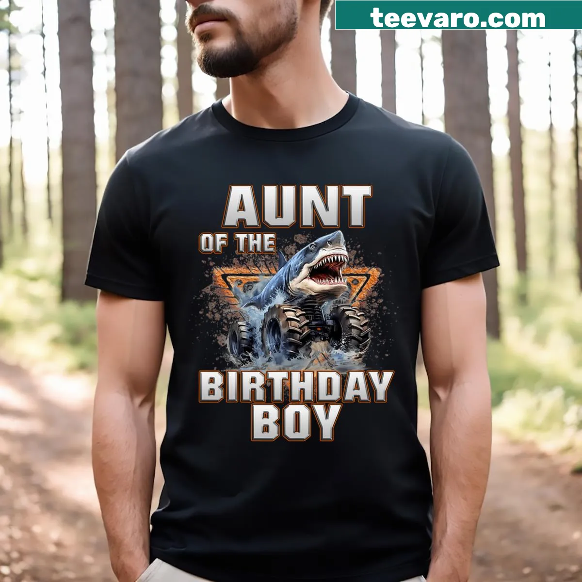 Monster truck graphic T-shirt for the aunt of the birthday boy. — on a men's t-shirt