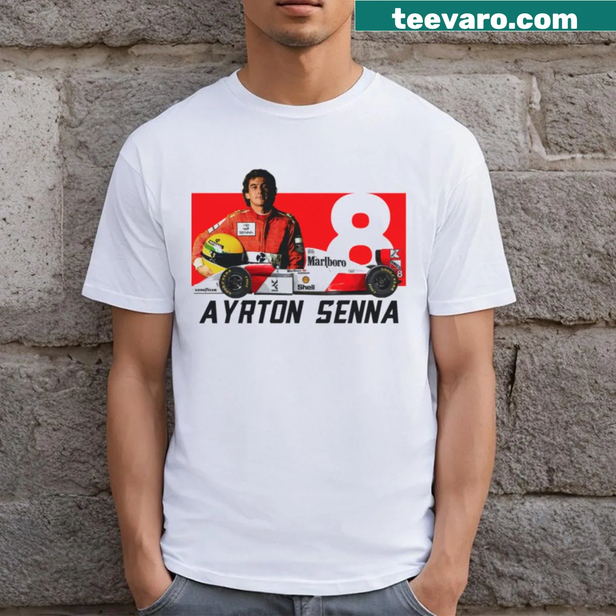 Ayrton Senna 8 t-shirt featuring the iconic racing number. — on a men's t-shirt