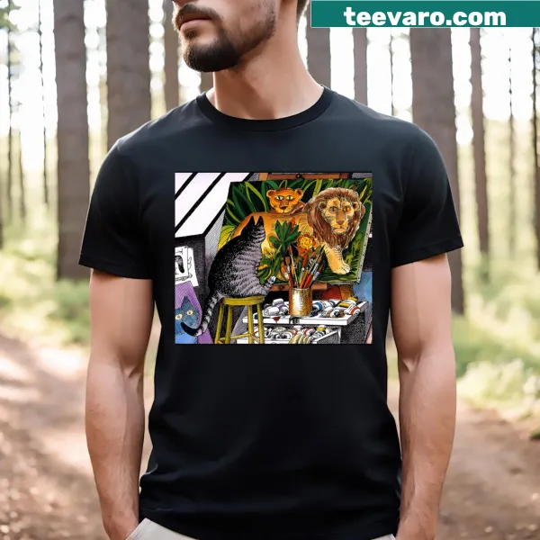 B Kliban cat painting graphic on a casual t-shirt