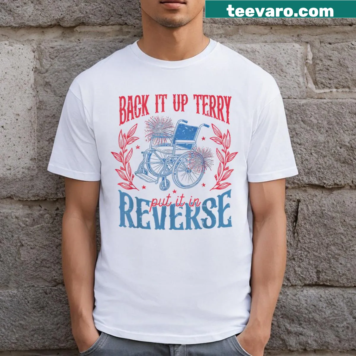 Funny 4th of July t-shirt with 'Back It Up Terry' text — on a men's t-shirt