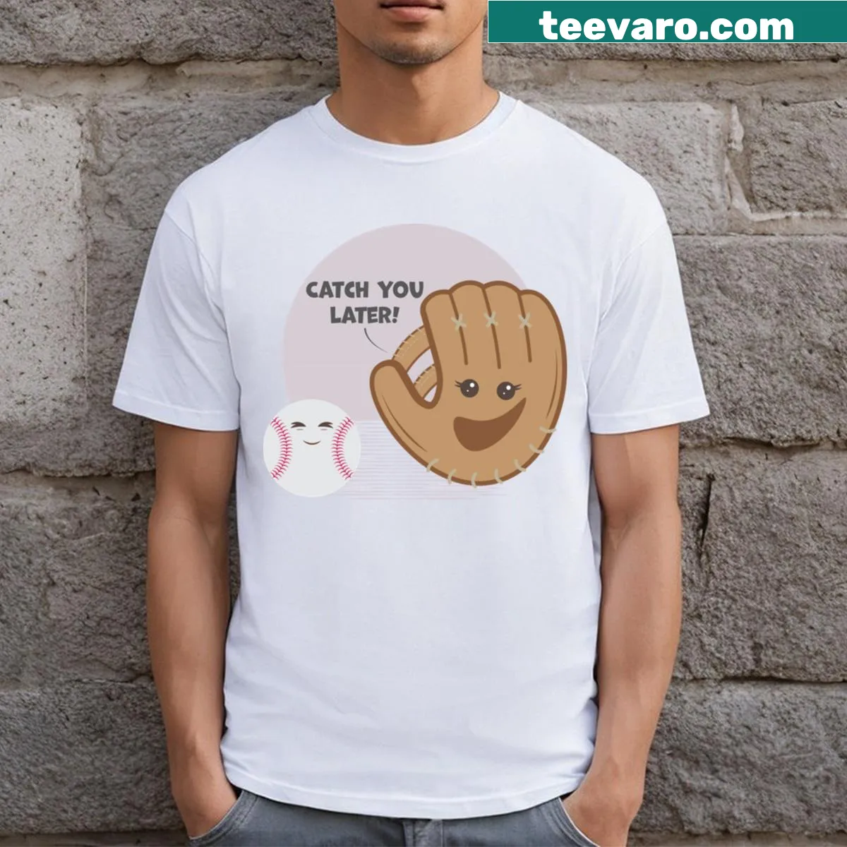 Kawaii baseball catch graphic t-shirt — on a men's t-shirt