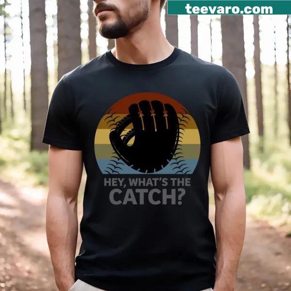 Whimsical t-shirt featuring a witty baseball catch illustration.