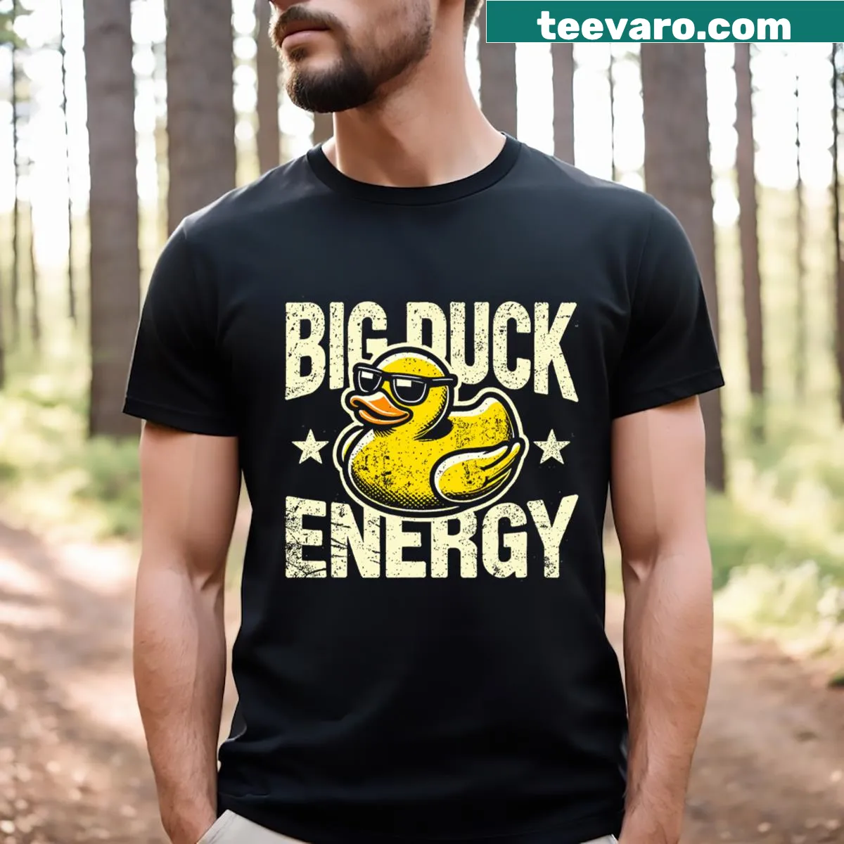 Cartoon rubber duck graphic t-shirt inspired by Big Energy Duck meme — on a men's t-shirt