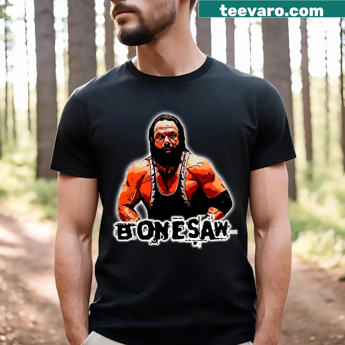 Iconic wrestling fan shirt with Bonesaw design. — on a men's t-shirt