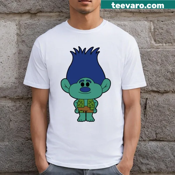 Illustrative branch troll graphic on a whimsical T-shirt