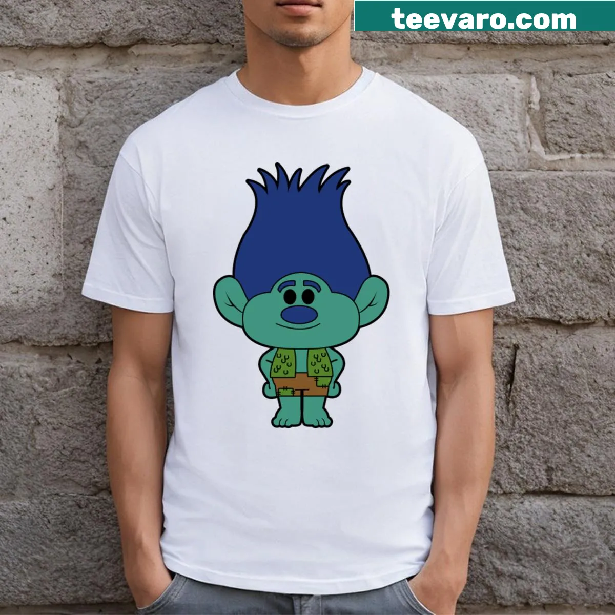 Illustrative branch troll graphic on a whimsical T-shirt — on a men's t-shirt