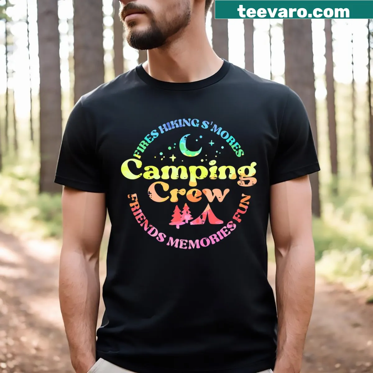 Camping-themed t-shirt for kids and toddlers with playful graphics — on a men's t-shirt