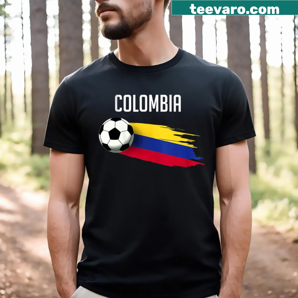 Illustrative soccer mom T-shirt supporting Colombia soccer — on a men's t-shirt