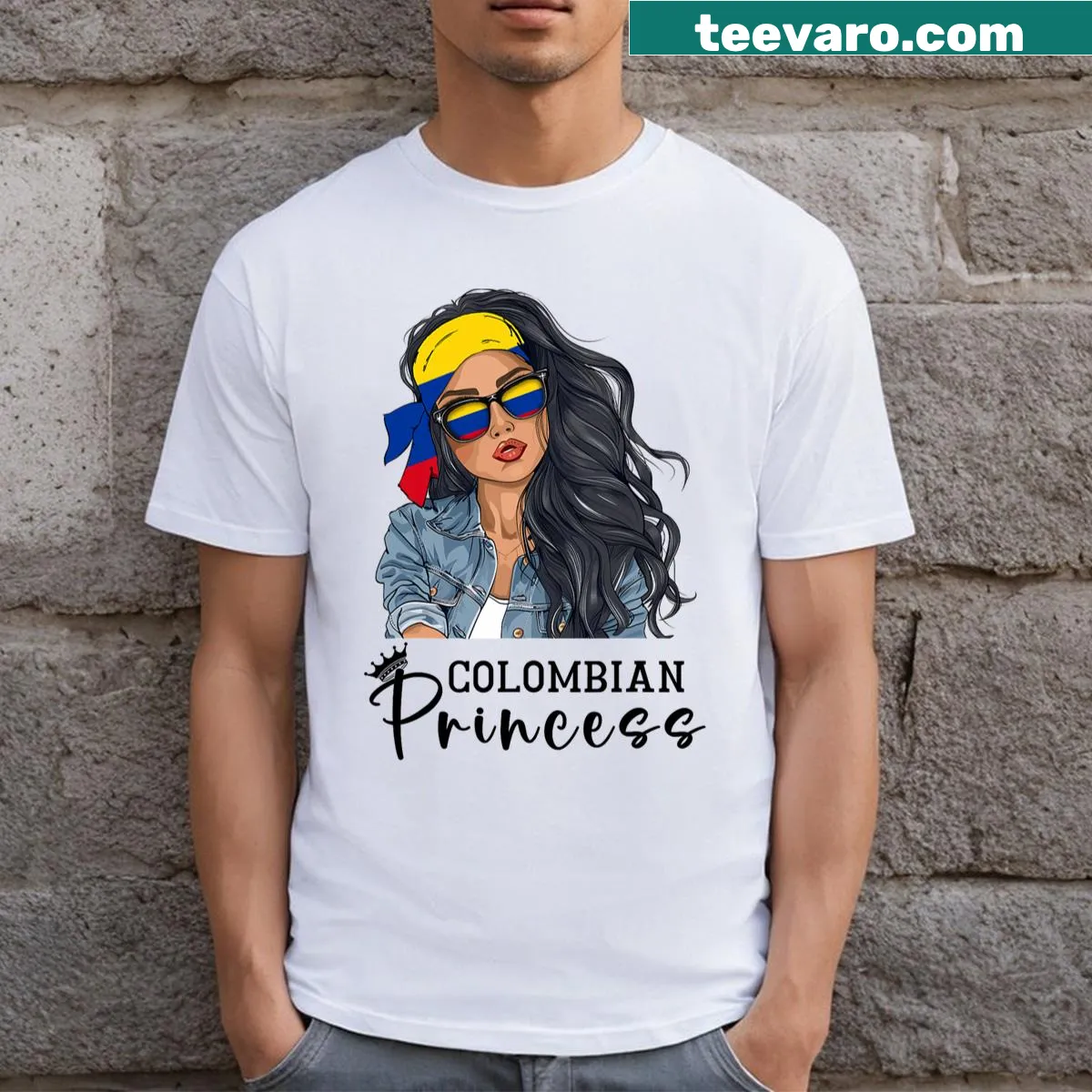Empowering t-shirt for Colombian women featuring flag design — on a men's t-shirt
