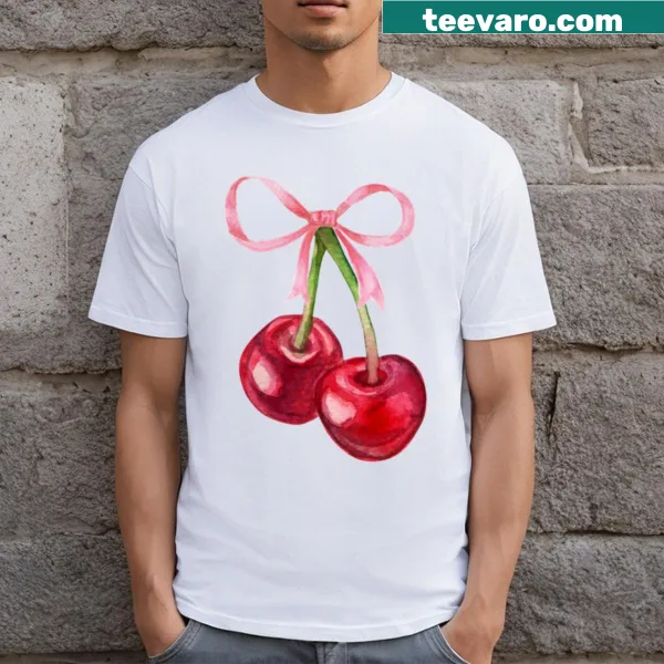 Cute cherry graphic with a pink bow on a t-shirt