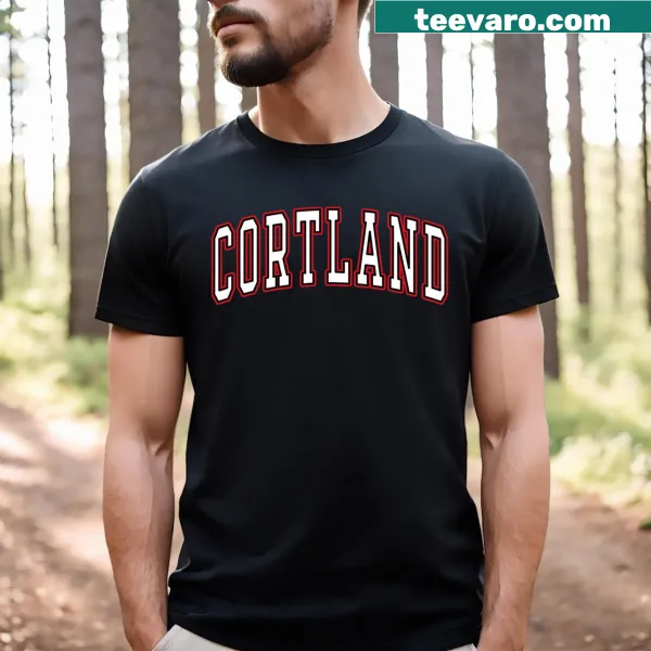 Arched text t-shirt with 'Cortland, New York' in red