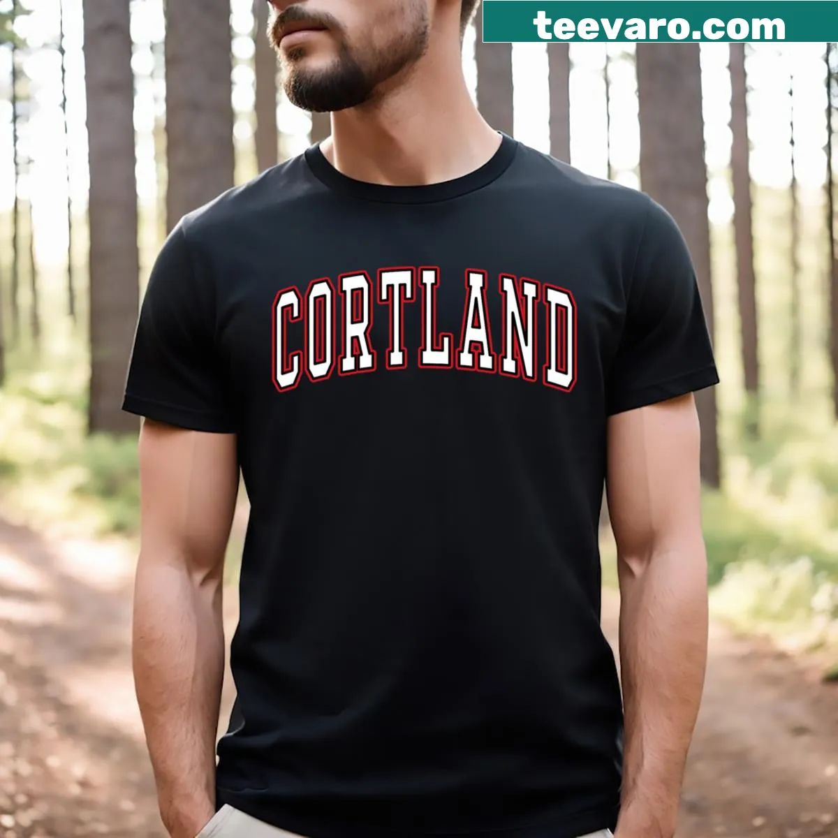 Arched text t-shirt with 'Cortland, New York' in red — on a men's t-shirt