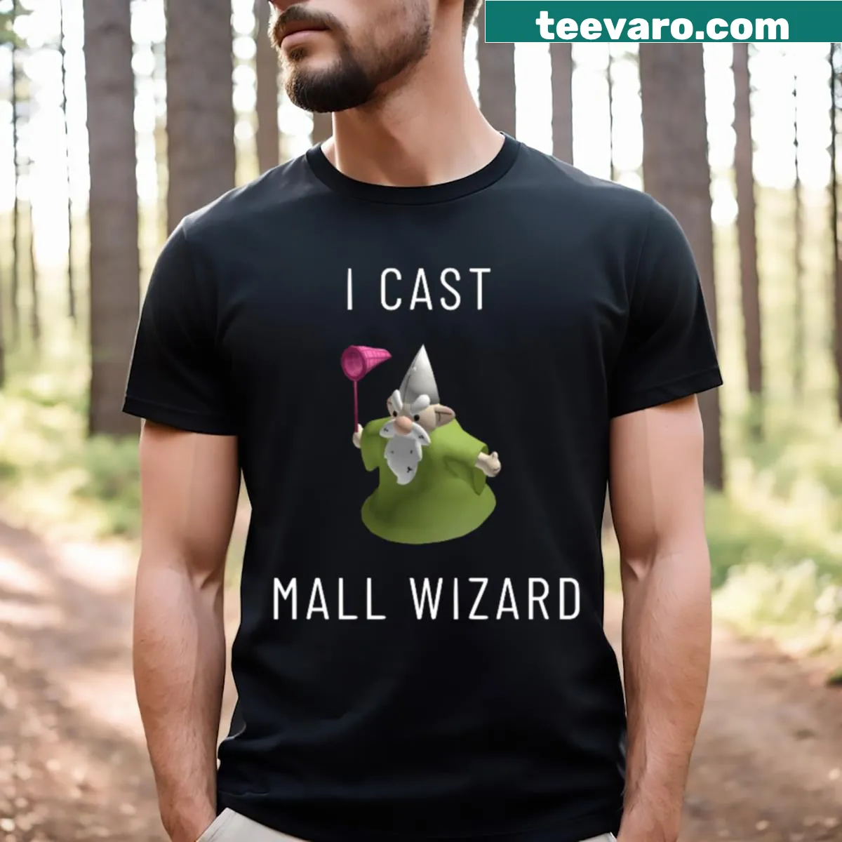 Crawley Mall Wizard gnome t-shirt with humorous quote — on a men's t-shirt