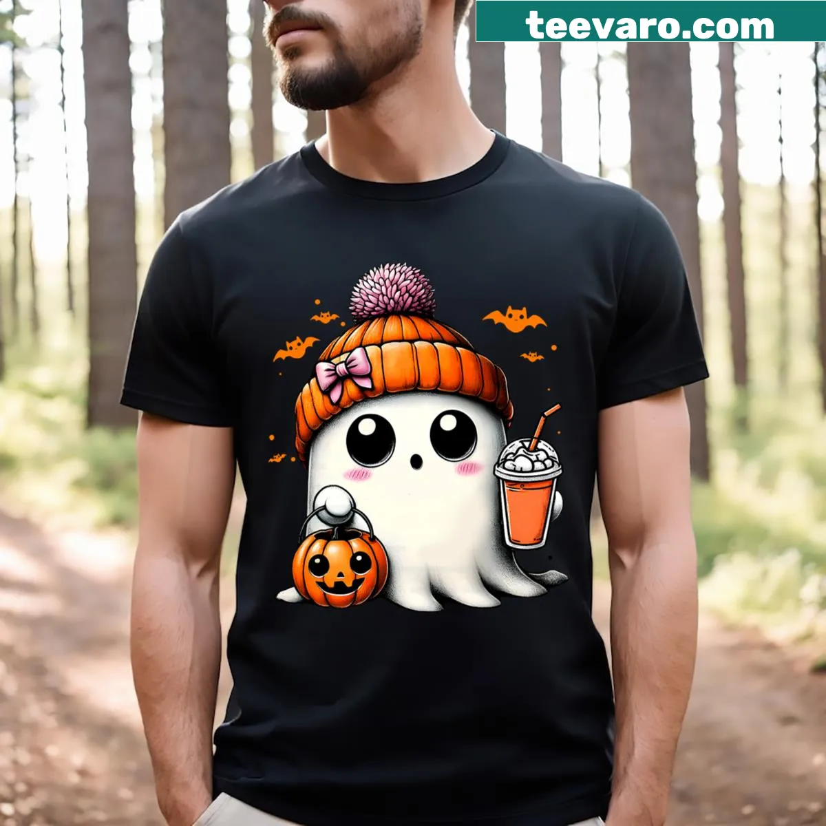 Cute ghost t-shirt with coffee for Halloween — on a men's t-shirt
