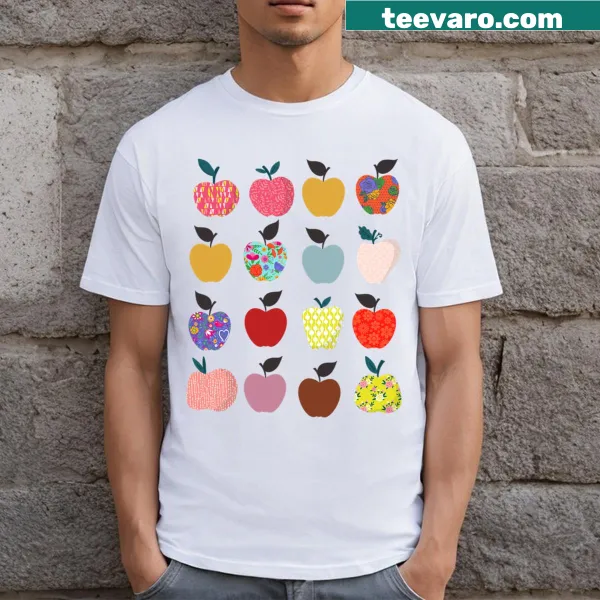 Funny teacher t-shirt with folk art apples design