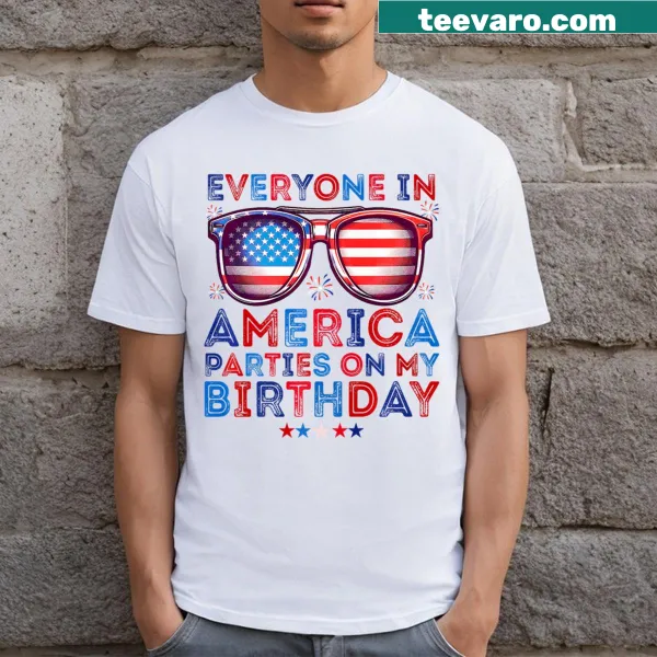 Humorous 4th of July birthday t-shirt with fireworks and cake