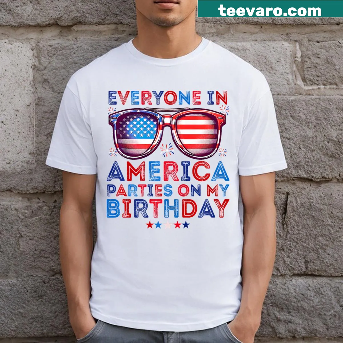 Humorous 4th of July birthday t-shirt with fireworks and cake — on a men's t-shirt