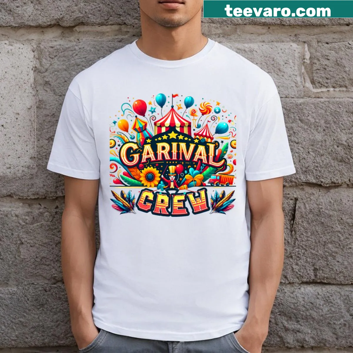 Circus-themed t-shirt with funny carnival crew design — on a men's t-shirt