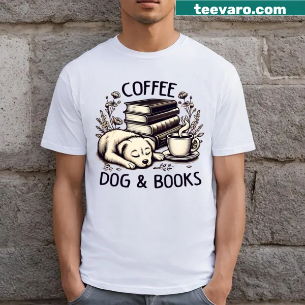 T-shirt showcasing coffee, dog, and book graphics for lovers of all three