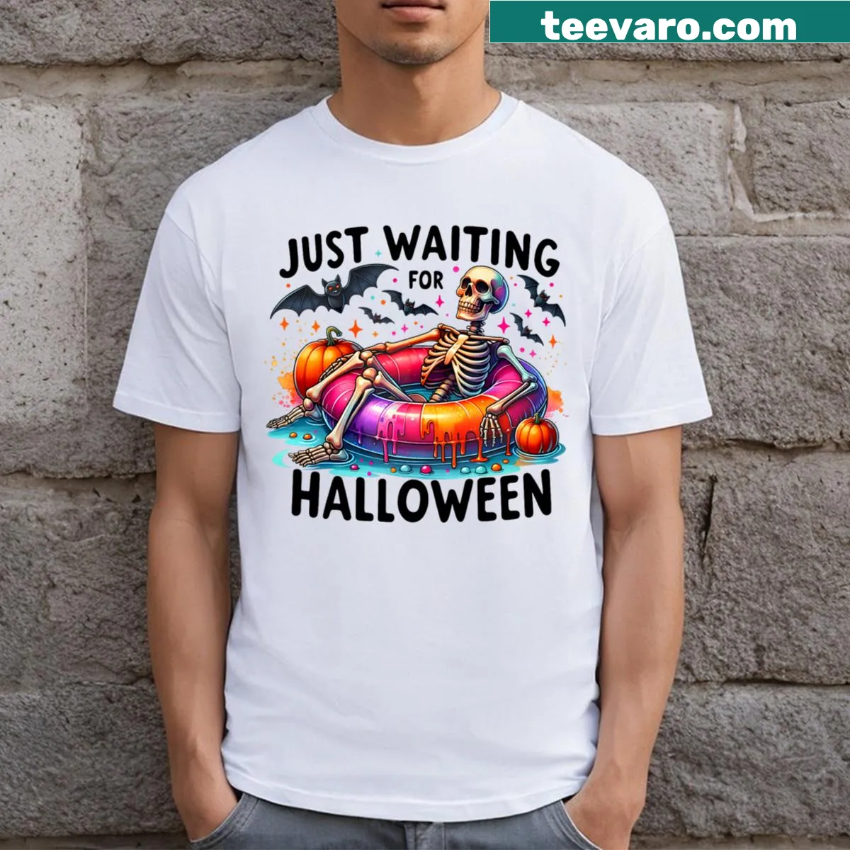 Funny skeleton graphic on a Halloween-themed T-shirt — on a men's t-shirt