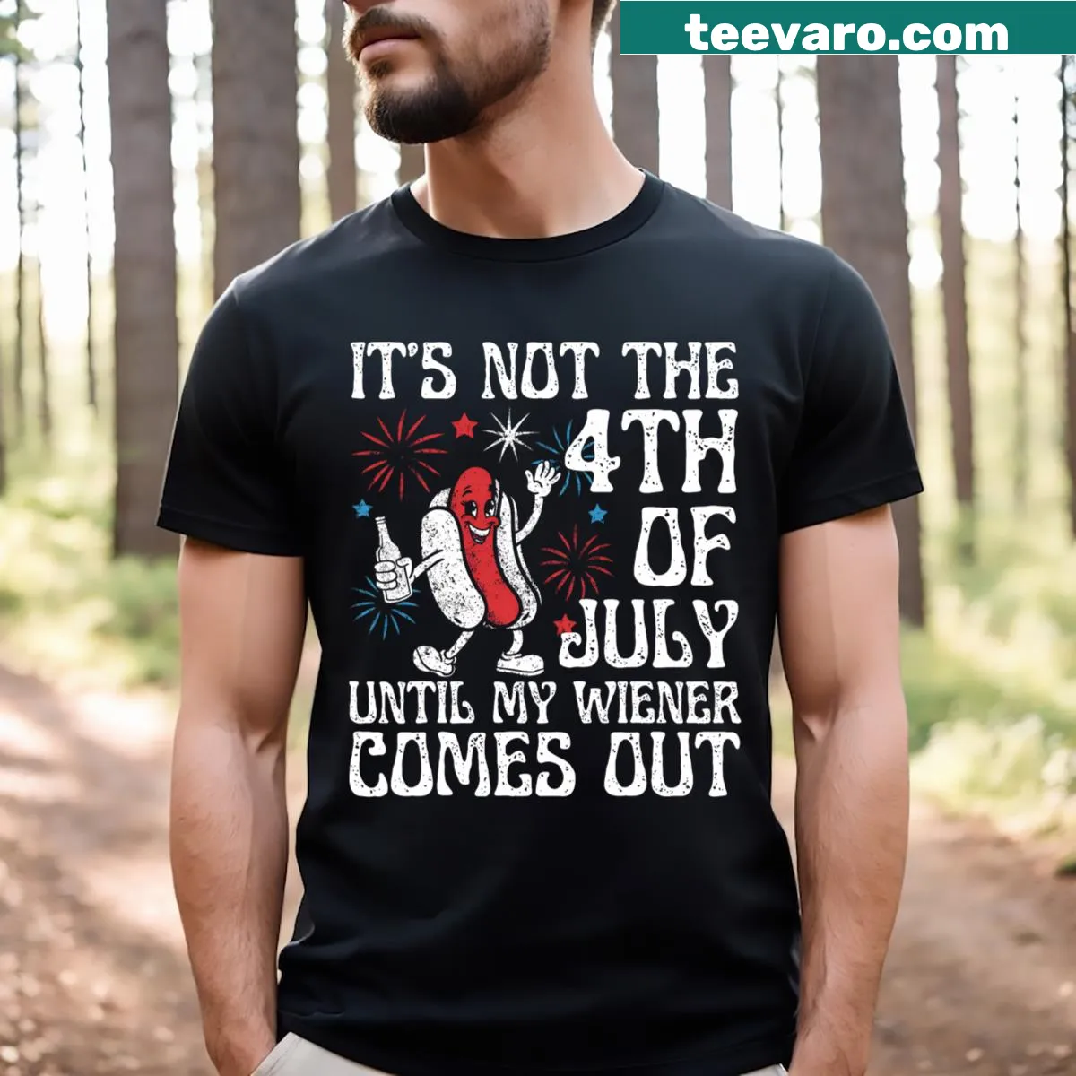 Fourth of July hotdog graphic T-shirt with humorous text — on a men's t-shirt