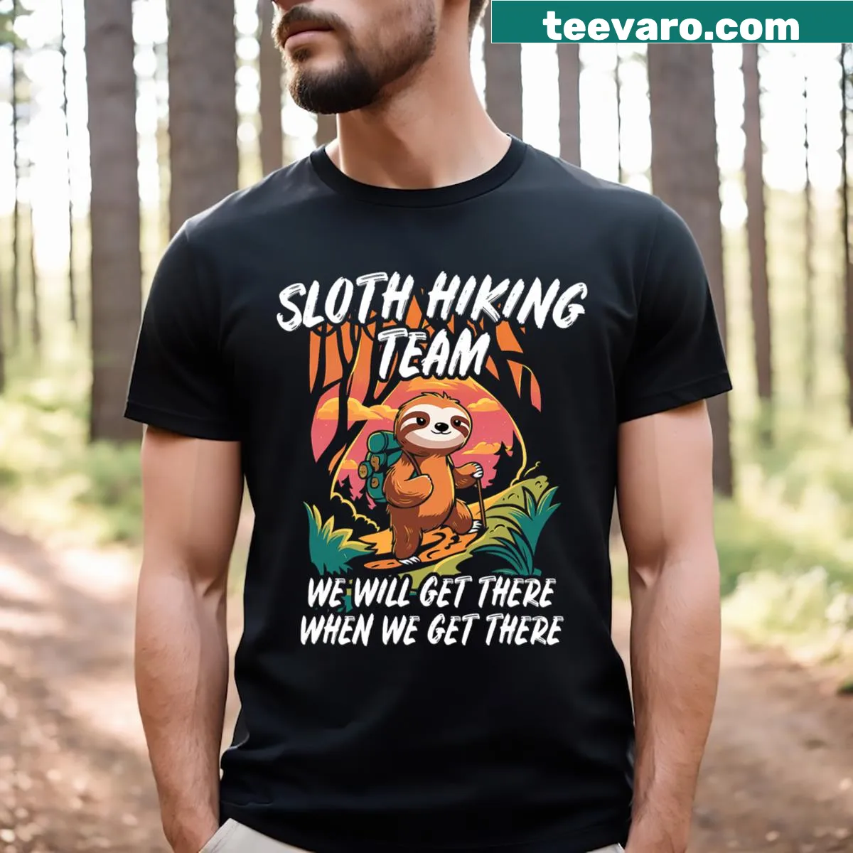 Funny sloth hiking t-shirt with playful design — on a men's t-shirt