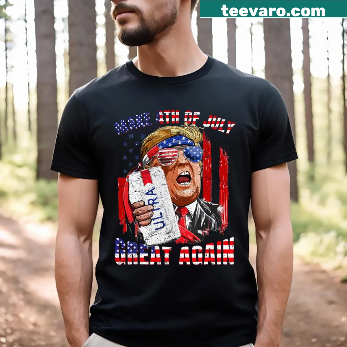 Trump drinking graphic with US flag and July 4 theme — on a men's t-shirt