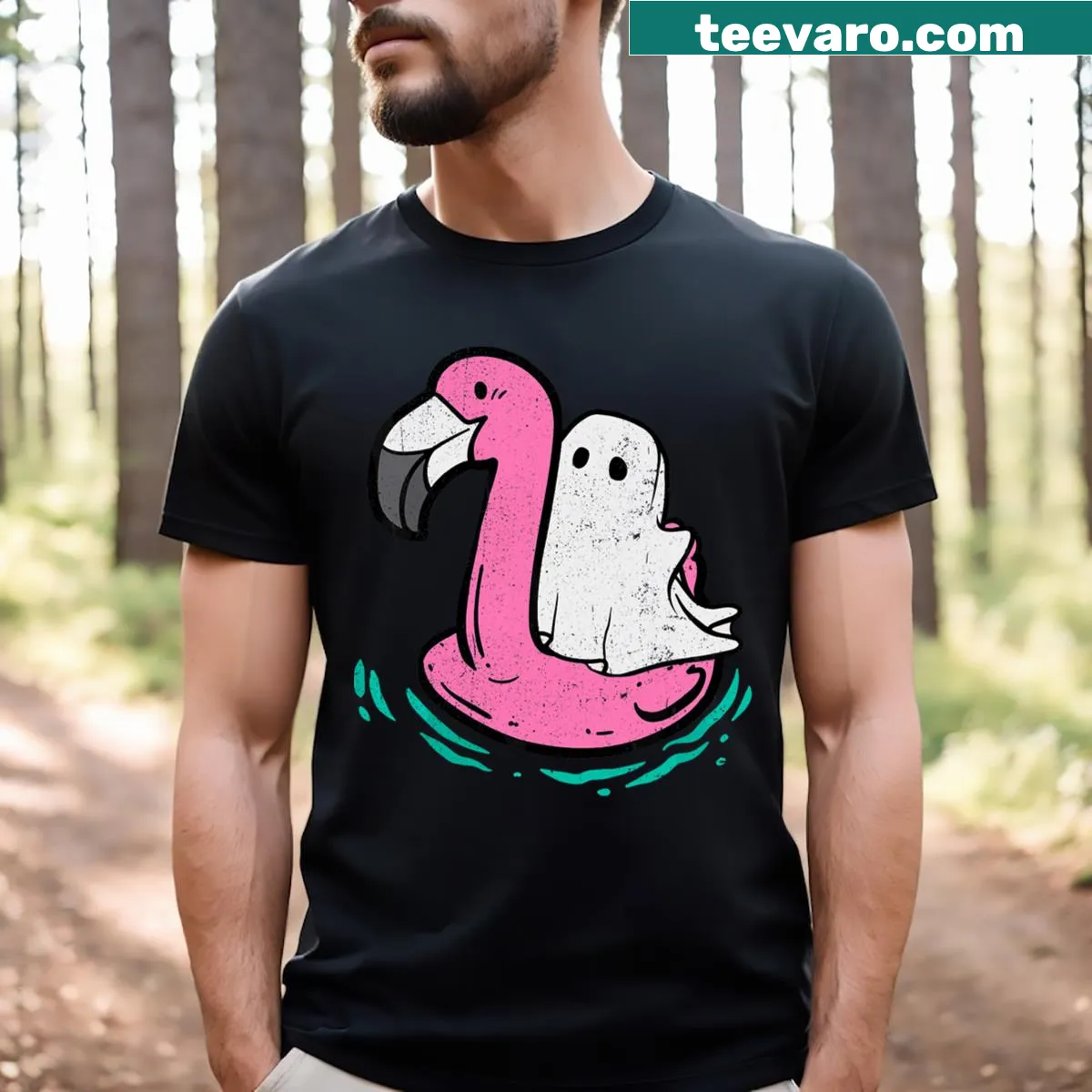 Cartoon ghost lounging on a pool float for summer themed T-shirt — on a men's t-shirt