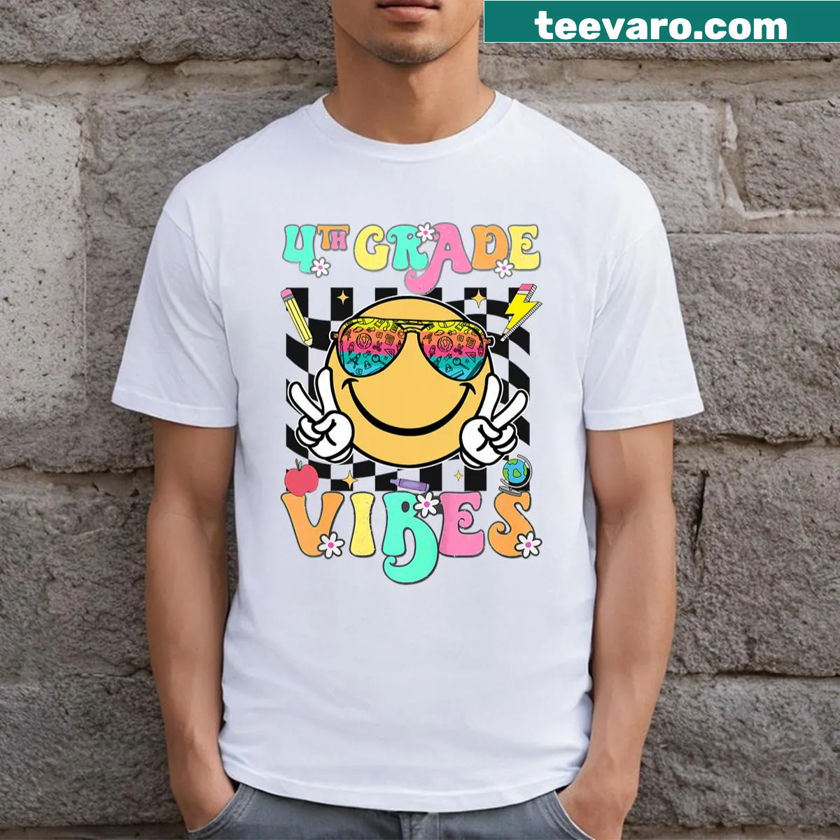 Smiley face graphic on a back-to-school T-shirt for kids — on a men's t-shirt