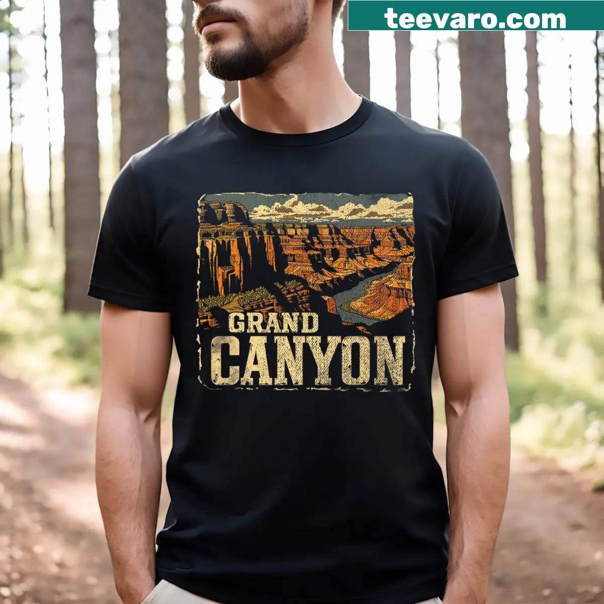 Vintage T-shirt featuring Grand Canyon National Park scenic graphic. — on a men's t-shirt