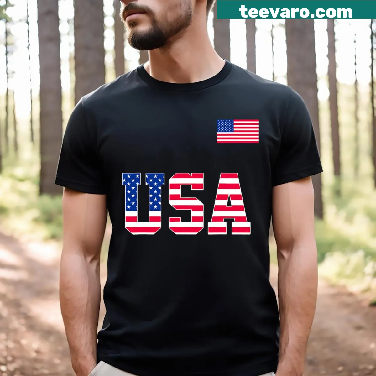 Patriotic T-shirt featuring the American flag for Independence Day. — on a men's t-shirt