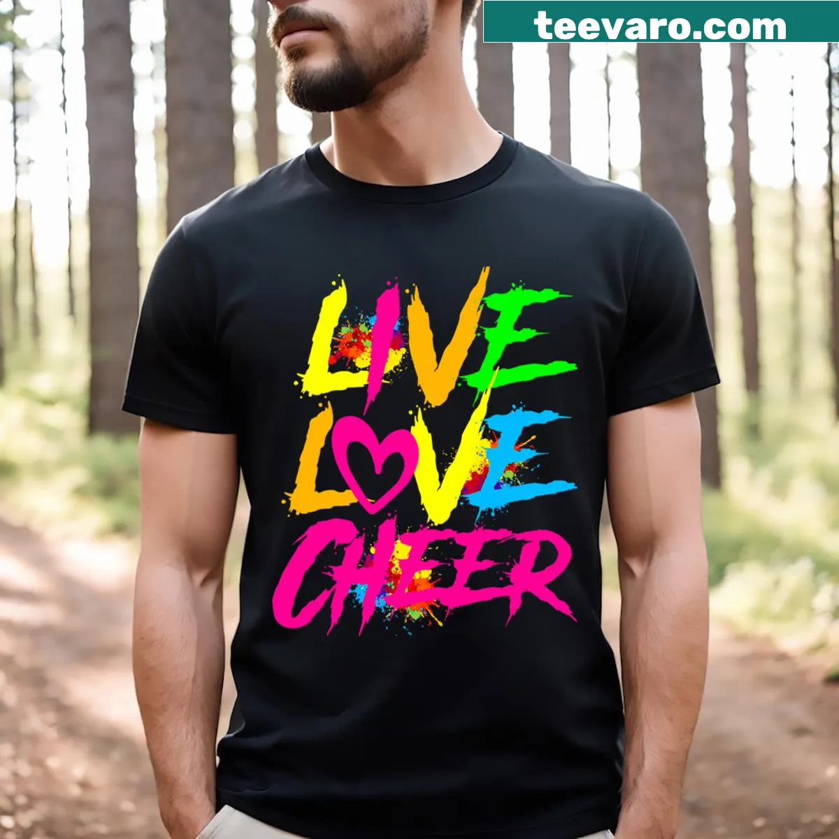 Cheerleader t-shirt with 'Live Love Cheer' graphic — on a men's t-shirt