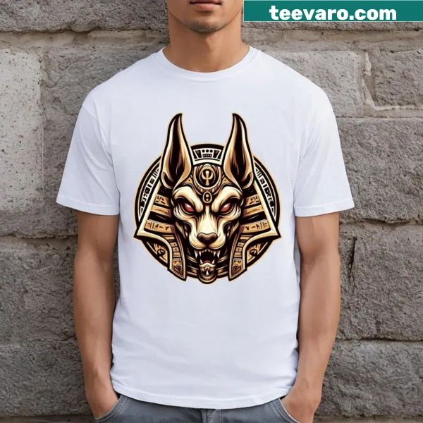 Hieroglyphic design featuring Anubis on T-shirt.
