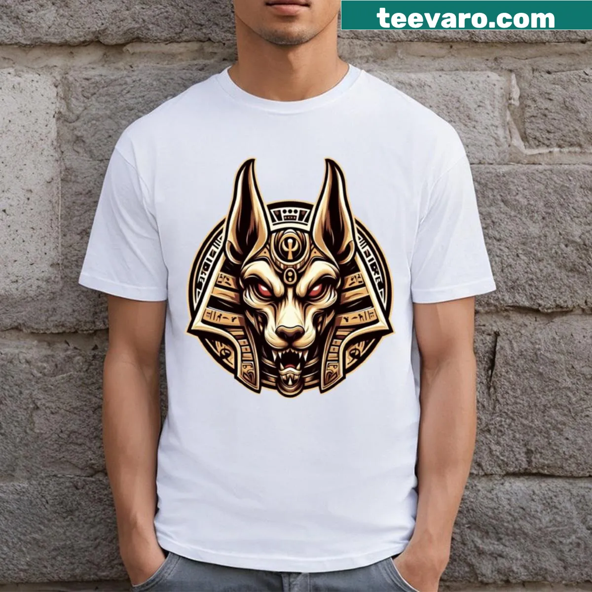 Hieroglyphic design featuring Anubis on T-shirt. — on a men's t-shirt